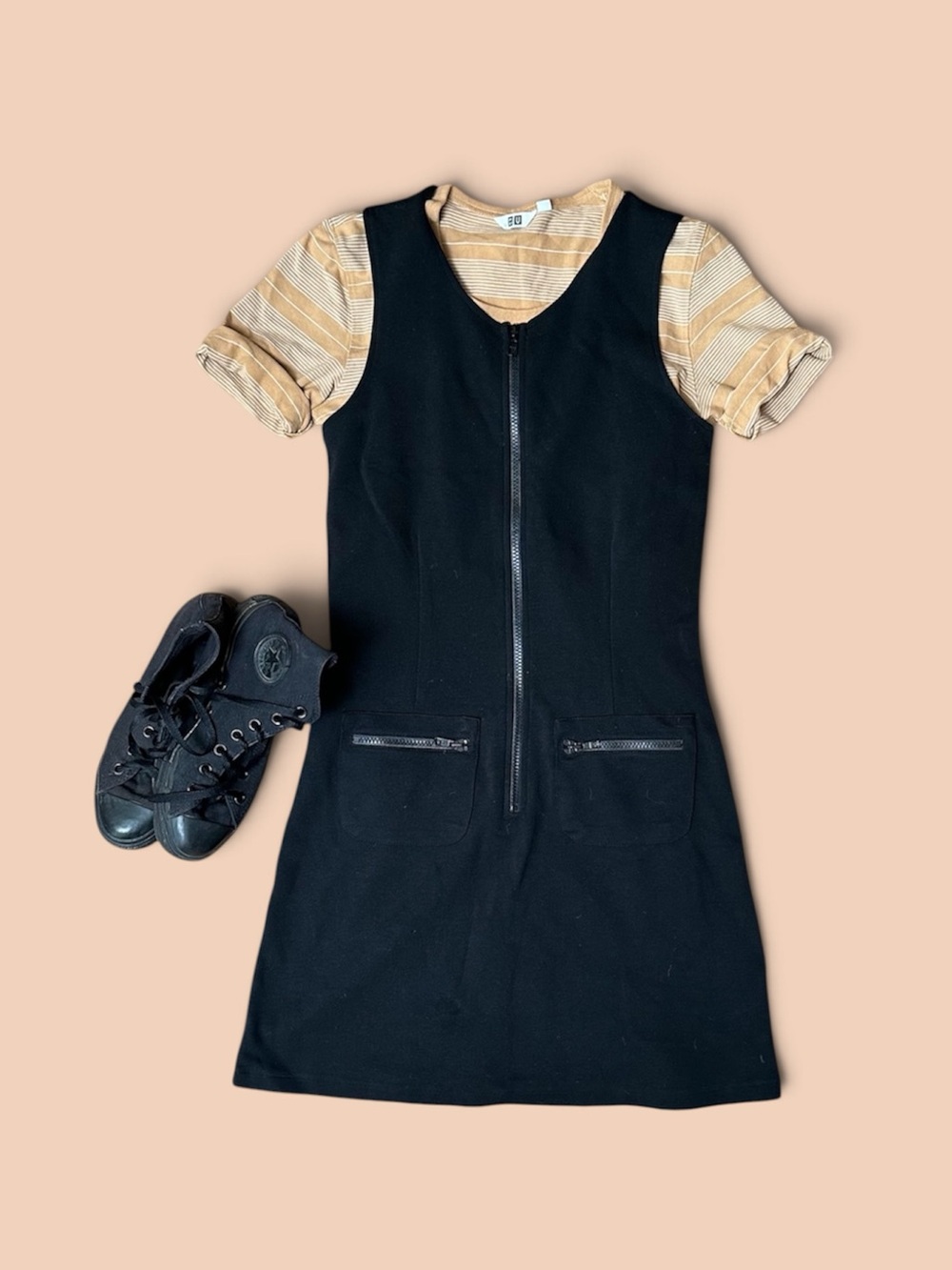 Vintage Y2K CLUB MONACO Black Sporty Zip-up A-Line Dress Zipper pockets
